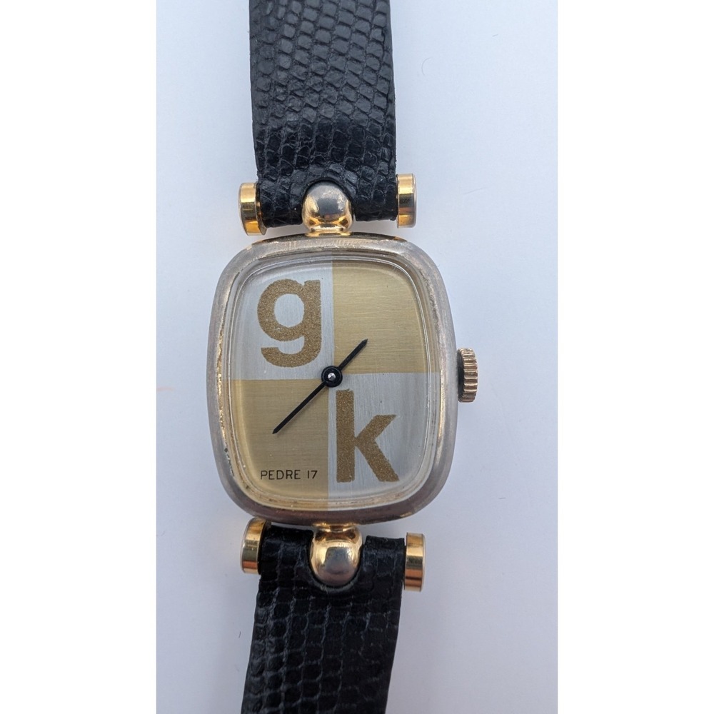 VTG Pedre Women 17 Jewel GoldTone Rectangle Dial Black Leather Watch New Battery